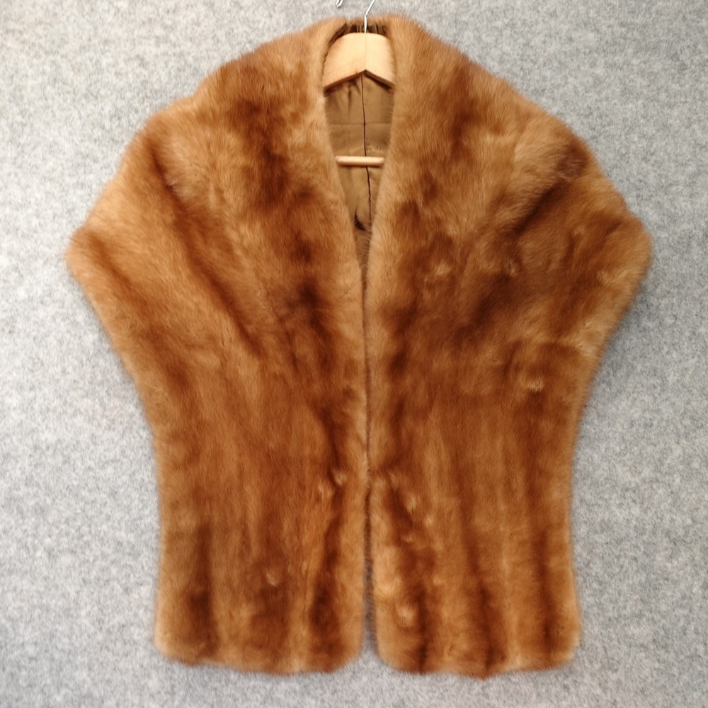 Real Mink Fur Shawl Wrap Womens Honey Tan Fuzzy Scarf Ribbon Trim Mob Wife 13x52
